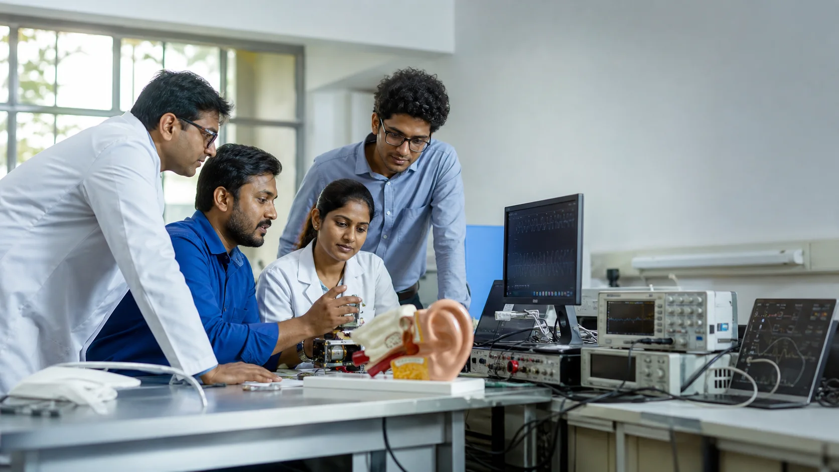 Indian surgeons and biomedical researchers collaborating in a hearing research lab.